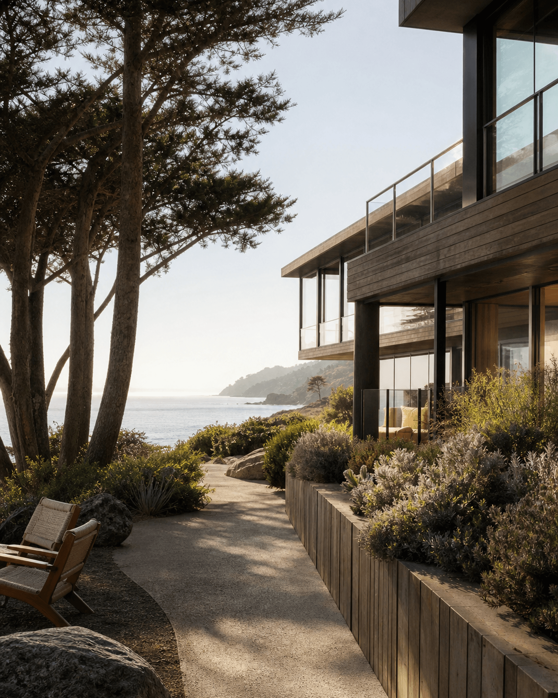 Interior of a guest room at Aster House, framed on the Pacific