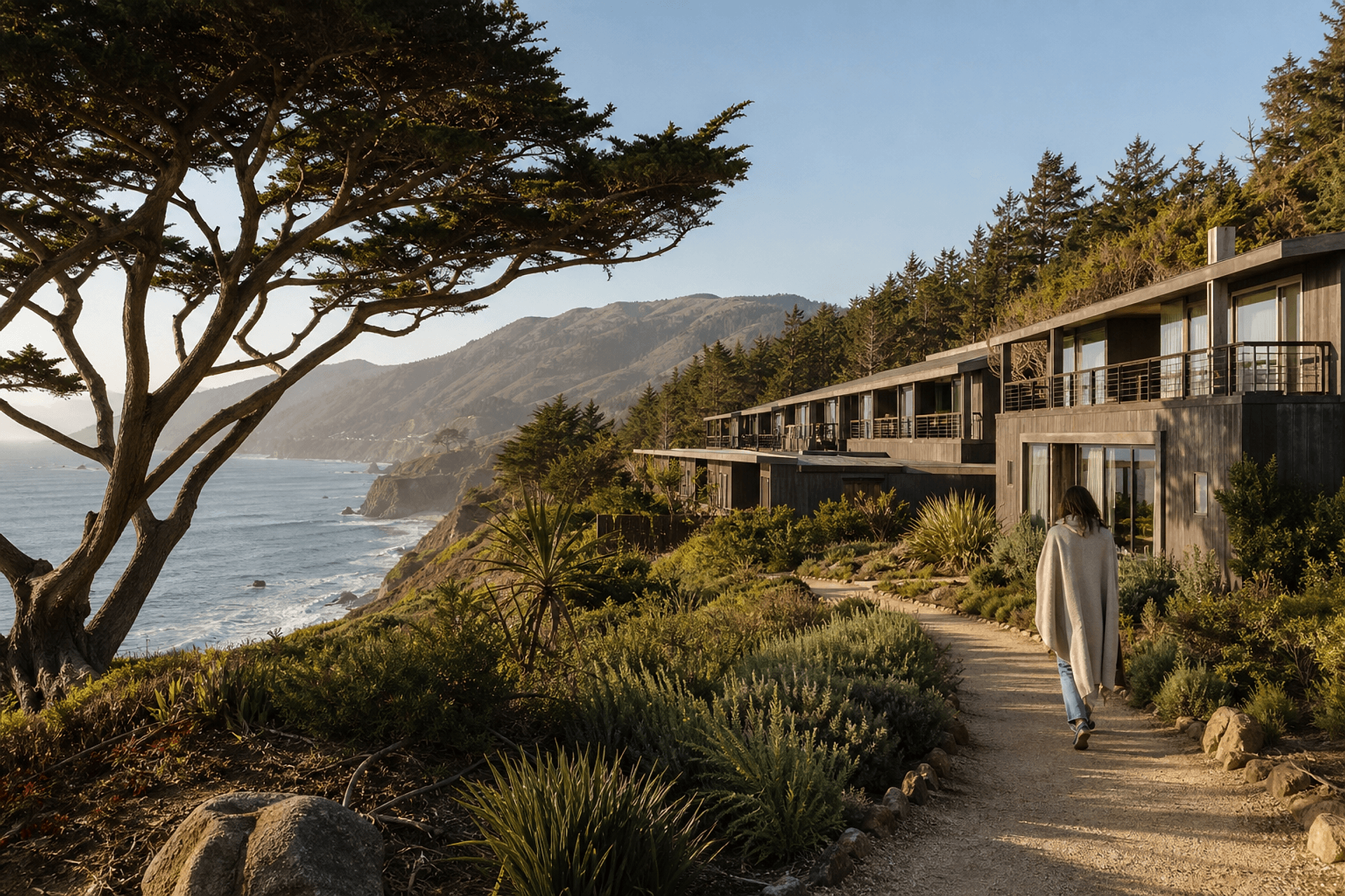 The wider Big Sur landscape around Aster House, with private walking trails along the coast