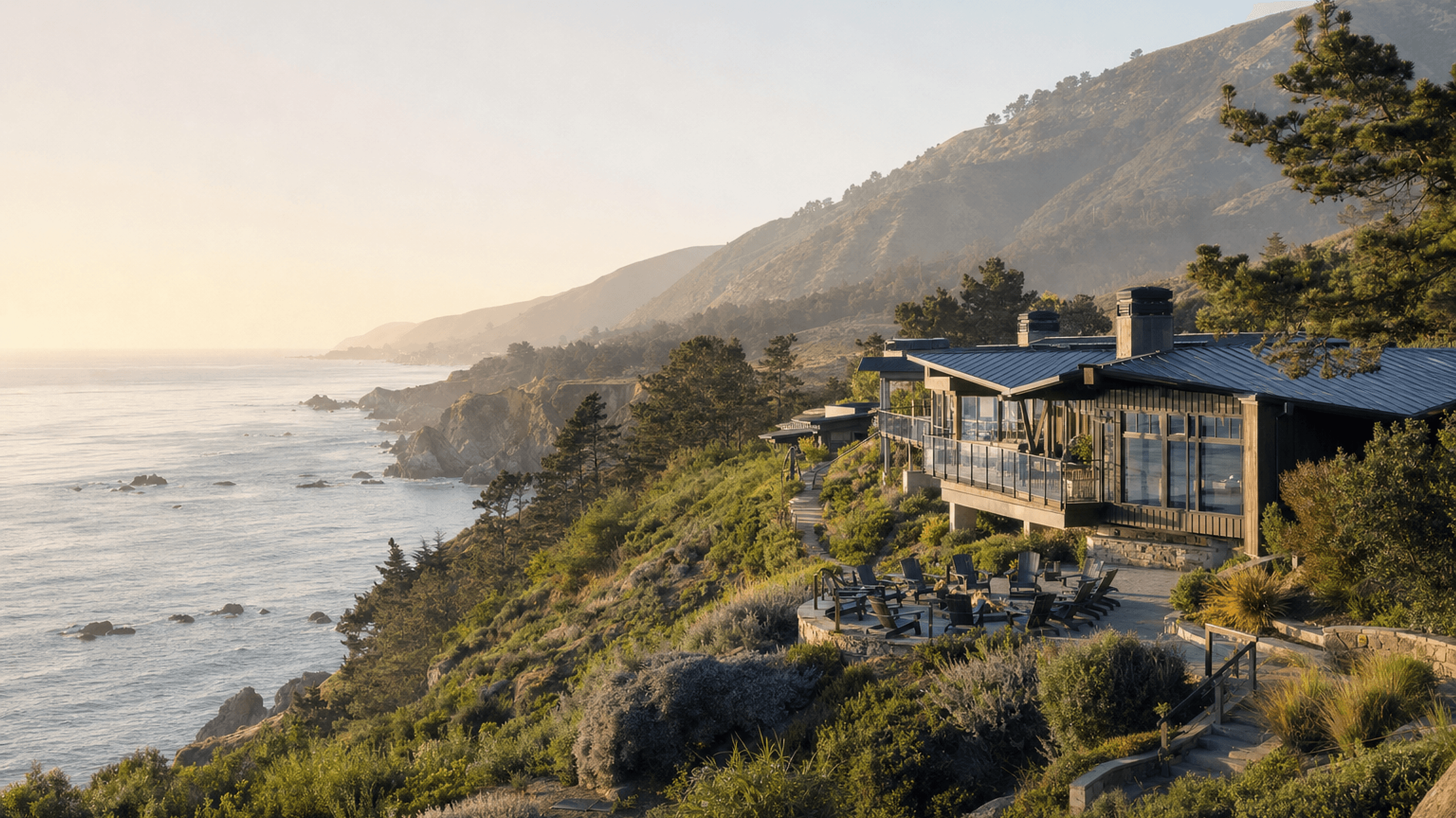 Aster House on the Big Sur coast, the Pacific Ocean below the cliffs